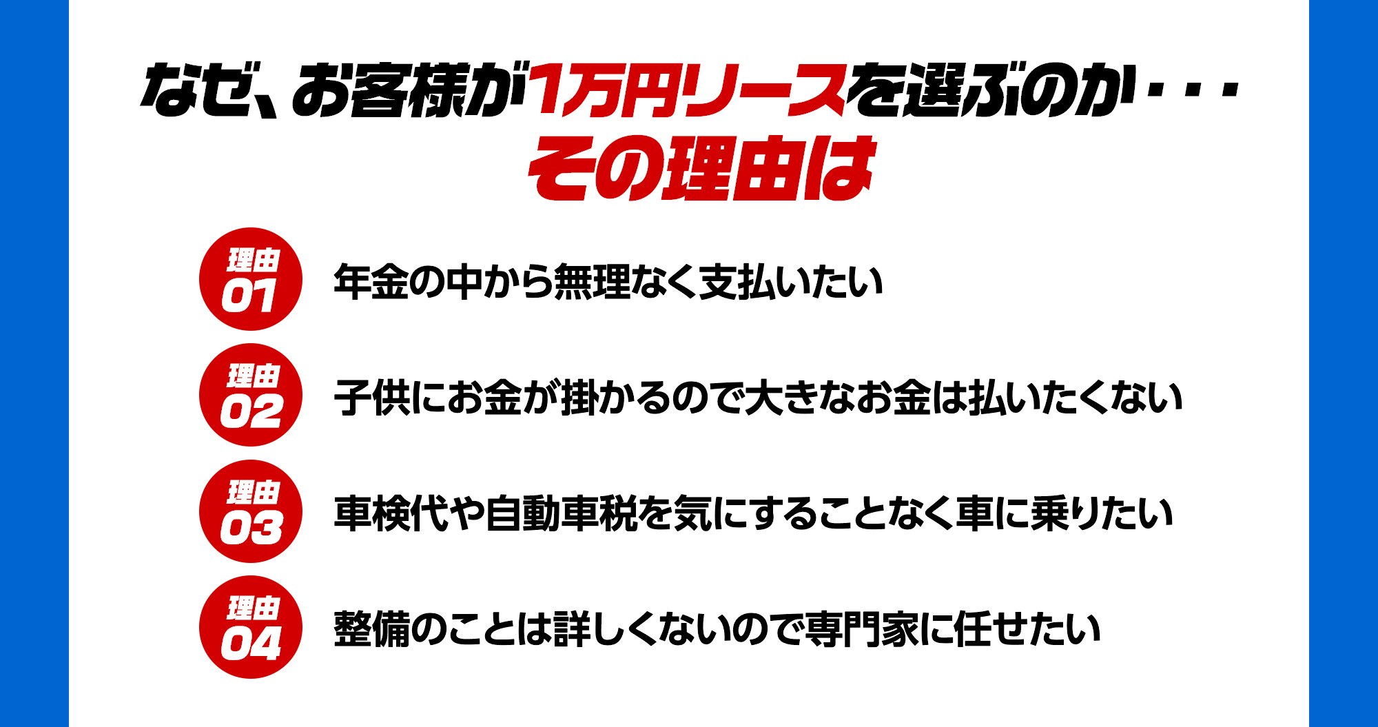 なぜ、お客様が1万円リースを選ぶのか・・・その理由は